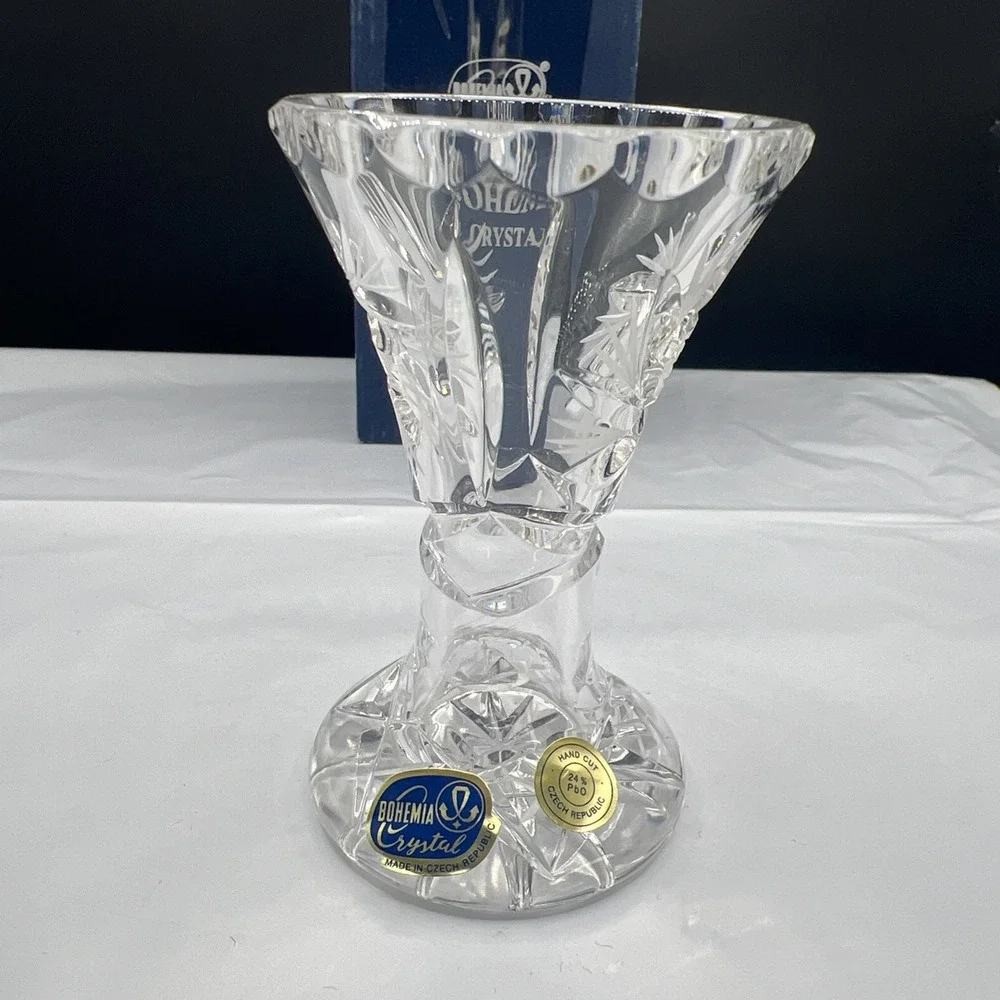 Vtg Bohemia Crystal Pedestal Vase 24% PbO Lead Crystal Hand Cut Czech Rep W/Box